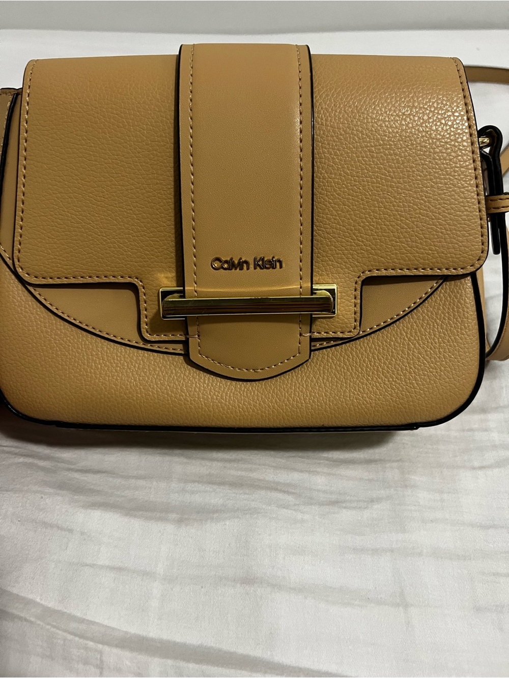 Calvin Klein Tan Faux Leather Crossbody with Gold Accent